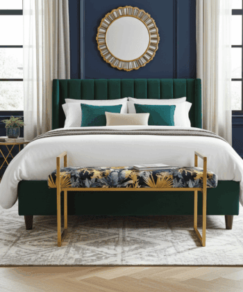 Metal-Framed Bench Navy Tropical Velvet with Gold Frame