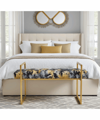 Metal-Framed Bench Navy Tropical Velvet with Gold Frame