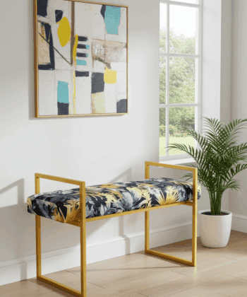 Metal-Framed Bench Navy Tropical Velvet with Gold Frame