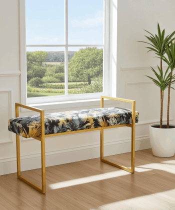Metal-Framed Bench Navy Tropical Velvet with Gold Frame