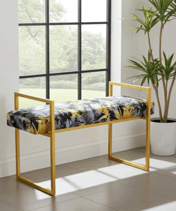 Metal-Framed Bench Navy Tropical Velvet with Gold Frame