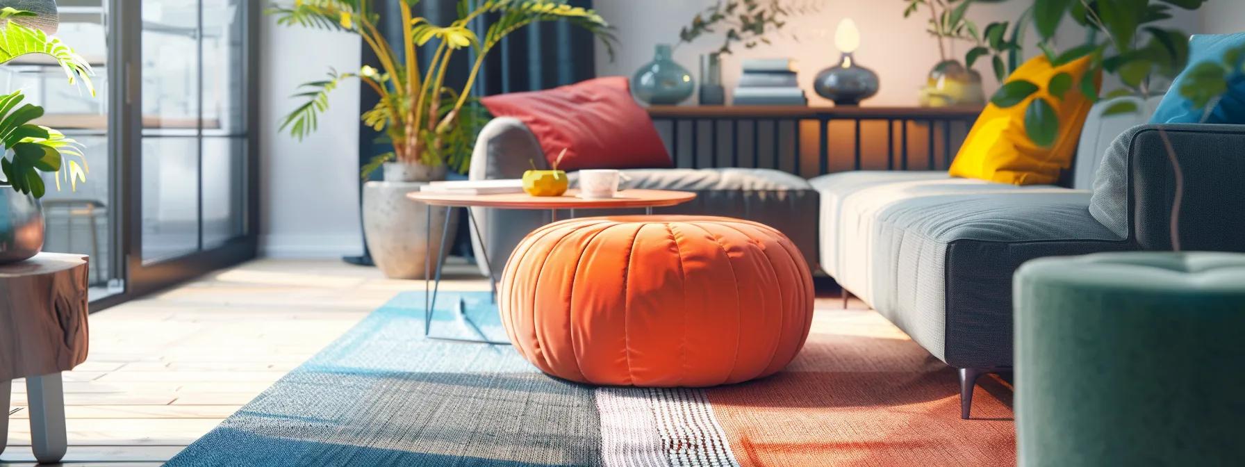 a chic modern living room showcases a vibrant, eye-catching pouffe that serves as a striking centerpiece against a backdrop of stylish decor, accentuating the room's carefully chosen color scheme.
