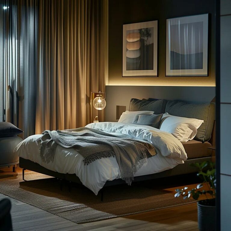 a modern bedroom setting showcases a beautifully made queen size bed with elegant bedding, surrounded by stylish decor and ambient lighting that emphasizes its spacious dimensions and comfort.