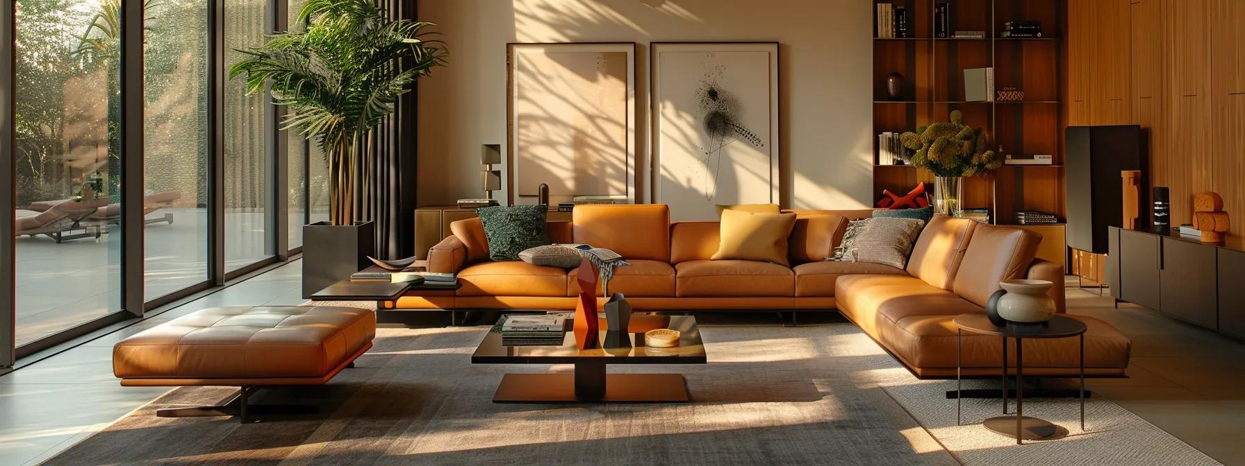 a sleek, modern living room showcases eco-leather furniture in a stylish arrangement, emphasizing sustainability with a chic design under soft, ambient lighting.