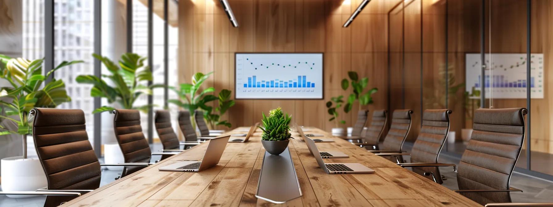 a sleek, modern office conference room features a polished wooden table surrounded by sophisticated high-back chairs, showcasing open laptops and elegant price comparison charts displayed on a digital screen, symbolizing the balance between cost-efficiency and superior craftsmanship in decision-making.