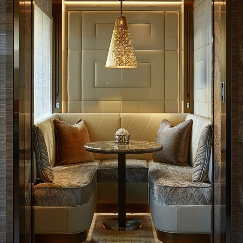 a sophisticated interior space showcases elegantly crafted made-to-measure upholstered seat panels, with rich textures and vibrant patterns enhancing the contemporary design.