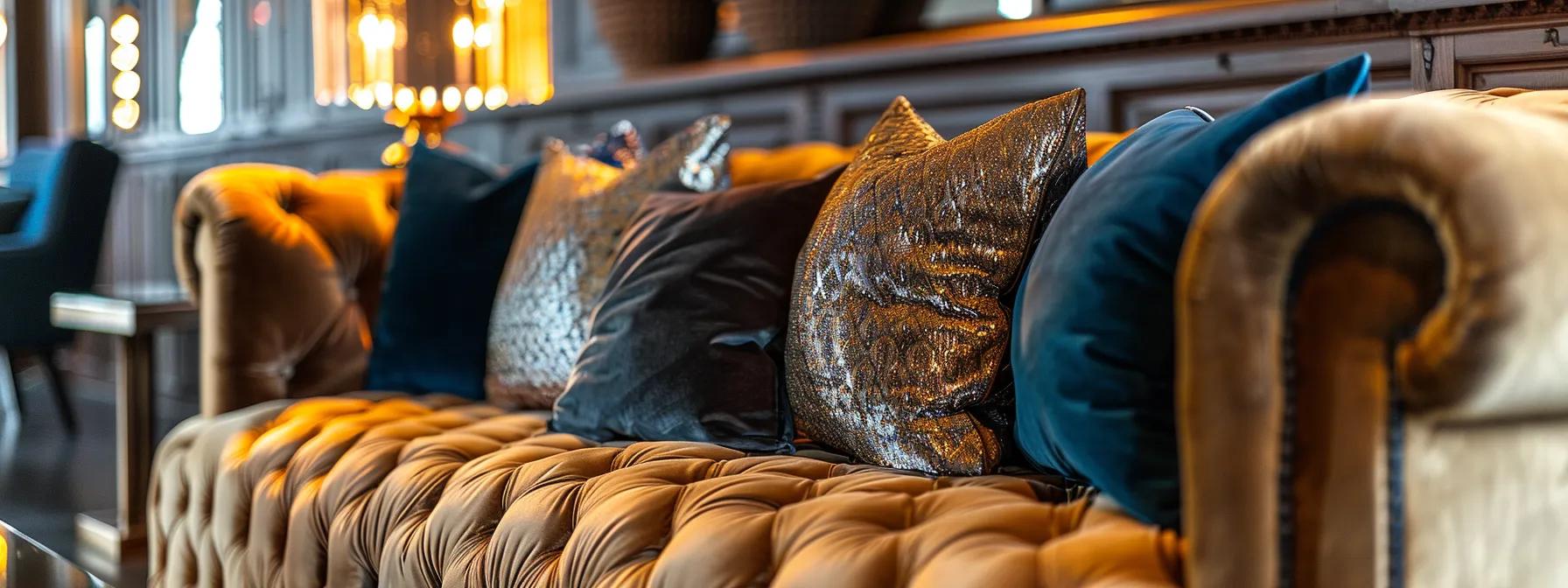 a sophisticated lounge showcasing a plush velvet-upholstered sofa adorned with elegant pillows, bathed in soft, warm lighting that highlights the fabric’s rich texture and subtle color variations, creating an inviting and luxurious ambiance.