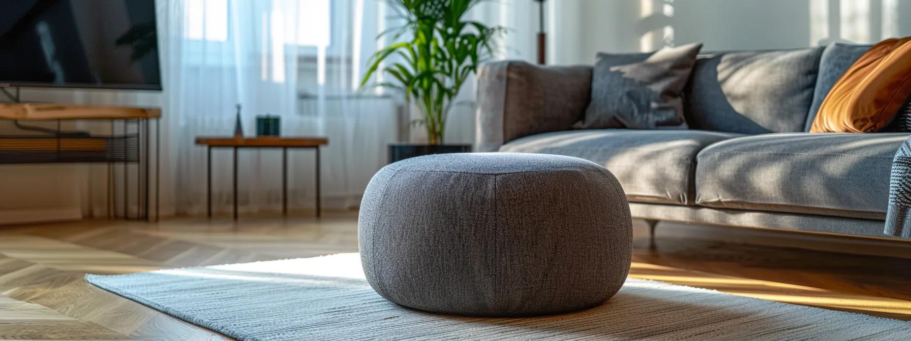 a stylishly furnished modern living room showcases a perfectly sized pouffe, harmoniously balancing functionality and aesthetic appeal while enhancing the overall flow of the space.