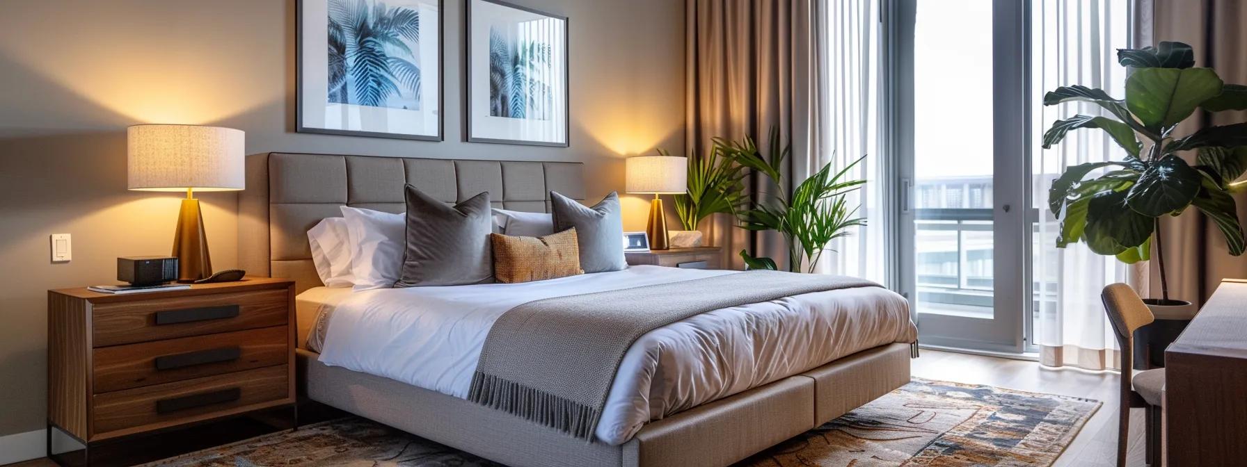 an elegantly arranged bedroom featuring a luxurious queen bed centered in a spacious, modern layout with stylish furnishings, emphasizing optimal room dimensions for comfort and harmony.