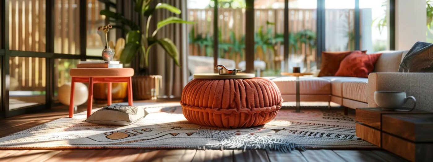 an elegantly styled living room features a luxurious, oversized pouffe in a rich texture and vibrant color, surrounded by contemporary furniture and chic decor, creating a warm and inviting atmosphere.