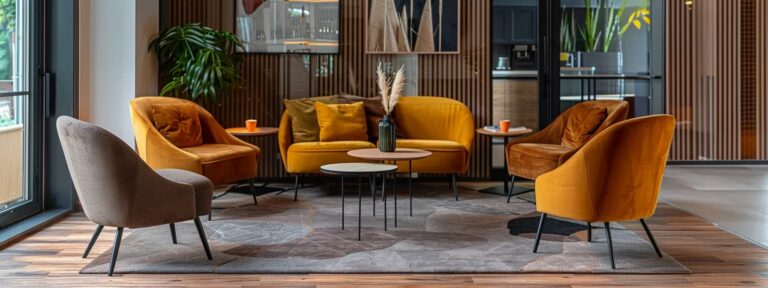 a chic and modern interior displays an elegant arrangement of textured velvet, cozy bouclé, and sleek eco-leather upholstery, showcasing stylish furniture pieces that invite conversation and highlight contemporary design aesthetics.