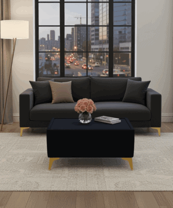 Velvet Coffee Table Black Glass Top & Gold Metal Legs 58x58cm