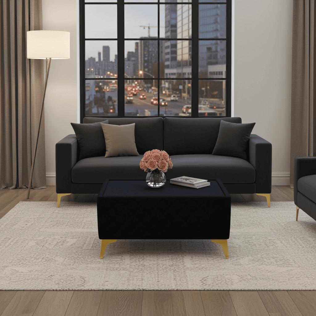 Velvet Coffee Table Black Glass Top & Gold Metal Legs 58x58cm
