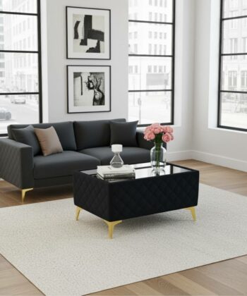 Velvet Coffee Table  Black Glass Top & Gold Metal Legs 58x58cm