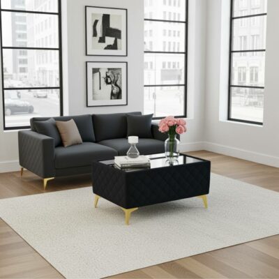 Velvet Coffee Table  Black Glass Top & Gold Metal Legs 58x58cm