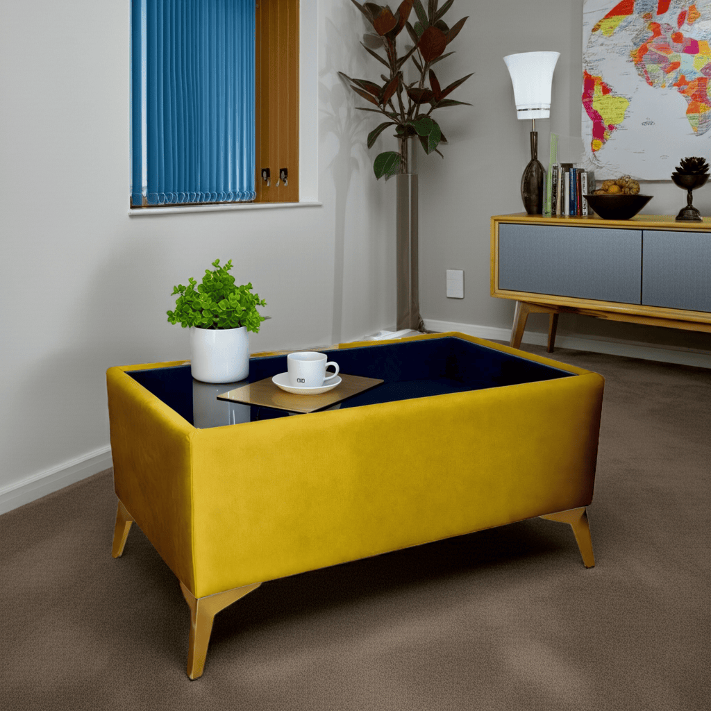 Velvet Coffee Table Customisable Glass & Metal Legs 58x95cm