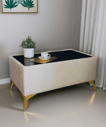 Velvet Coffee Table Customisable Glass & Metal Legs 58x95cm