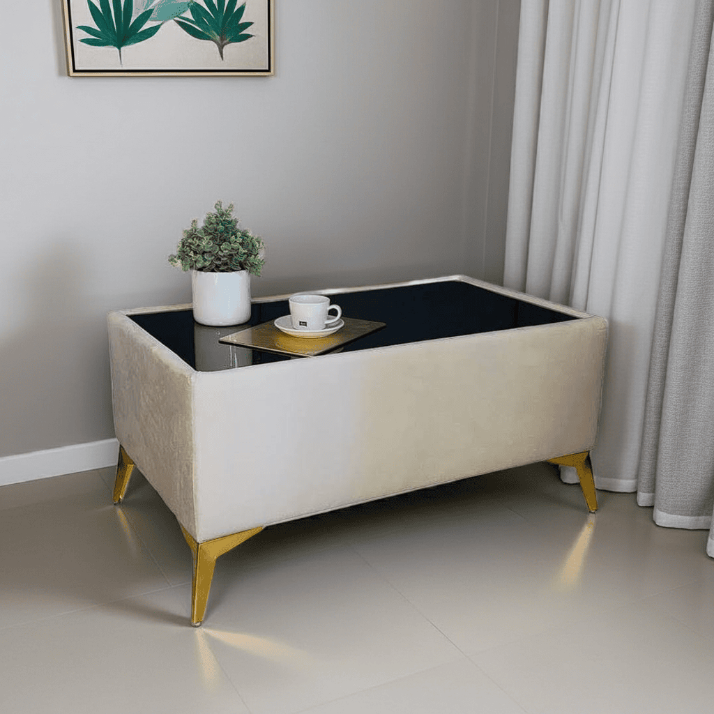 Velvet Coffee Table Customisable Glass & Metal Legs 58x95cm