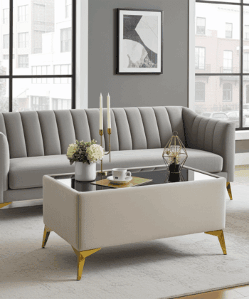 Velvet Coffee Table Customisable Glass & Metal Legs 58x95cm