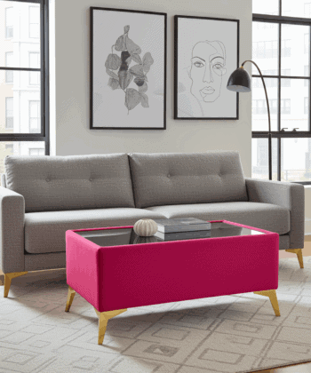 Velvet Coffee Table with Glass Top & Metal Legs 58x78cm