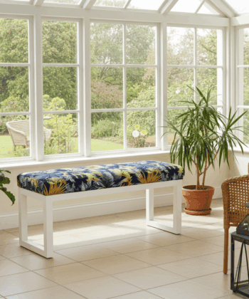 Wooden Bench Navy Tropical Velvet with White Painted Frame