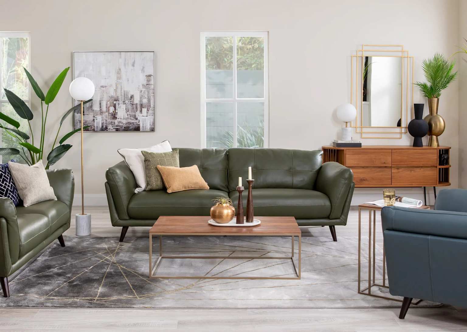 Modern living room featuring eco leather upholstered green sofas and stylish wooden furniture