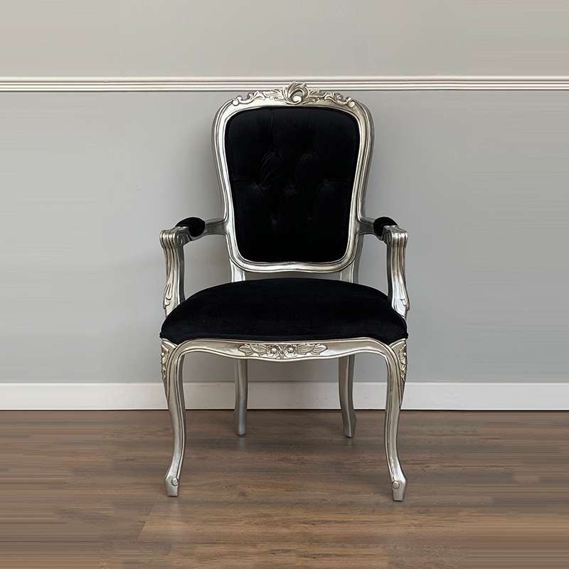 Louis XV style bedroom chair with silver leaf frame and black velour velvet upholstery