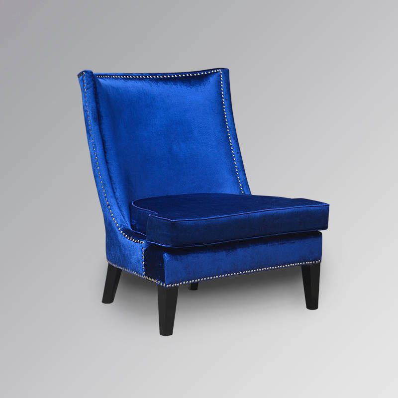 Louis XV accent chair with black frame and nautical blue velour velvet upholstery featuring silver nailhead trim