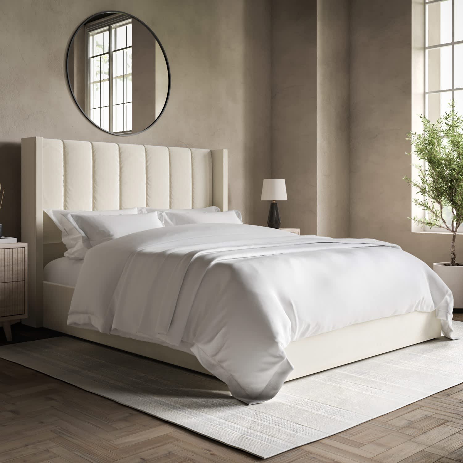 Cream velvet king-size ottoman bed with winged headboard in a modern bedroom setting