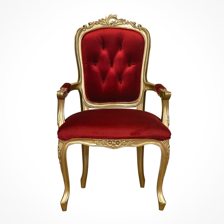 Louis XV style bedroom chair with gold frame and plush red velvet upholstery