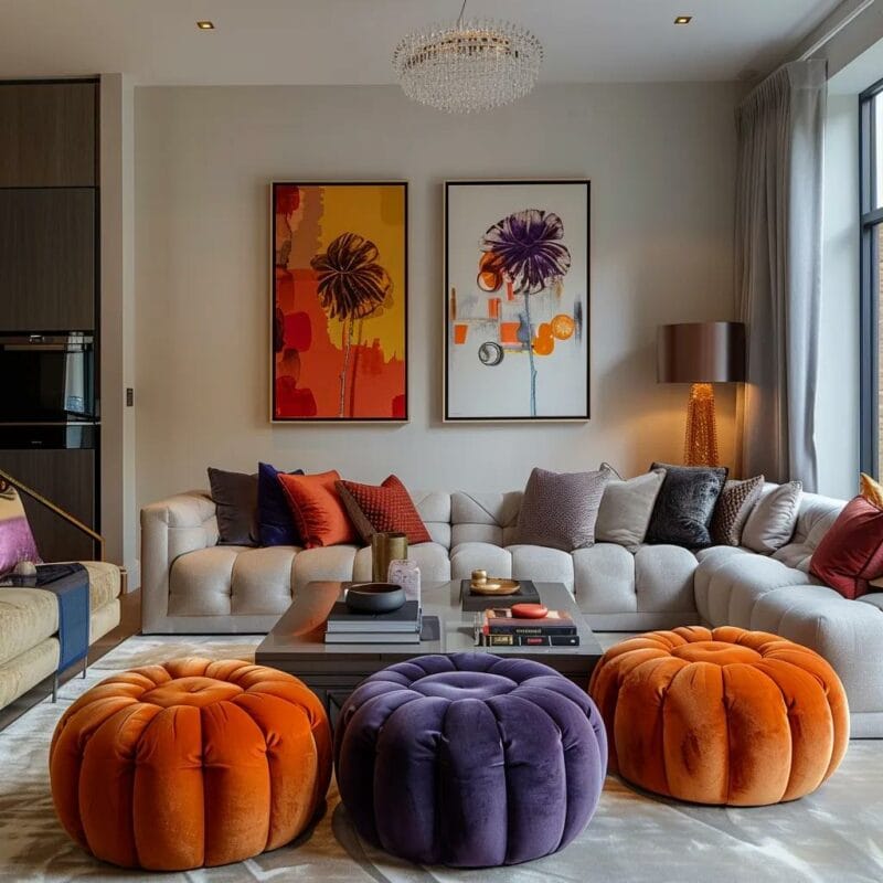 a chic dublin living room, elegantly showcasing a vibrant array of bubble pouffes and ottomans, artfully arranged around a contemporary coffee table under warm, ambient lighting.