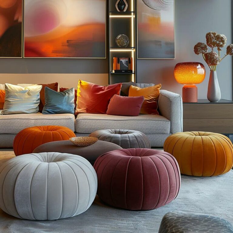 a chic dublin living room showcases a vibrant arrangement of bubble pouffes and contemporary ottomans, elegantly styled to embody modern comfort and sophistication.