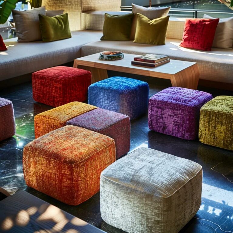 a chic, modern living room showcases an array of handcrafted footstools, each exhibiting unique textures and vibrant colors, elegantly arranged around a sleek coffee table under soft, ambient lighting.