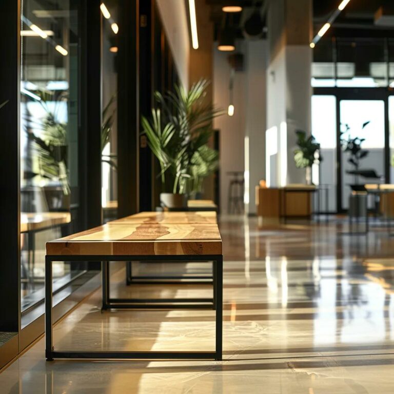 a sleek, modern office space showcases stylish wooden metal frame benches, elegantly arranged against a backdrop of contemporary decor and warm ambient lighting, emphasizing a chic yet functional design aesthetic.
