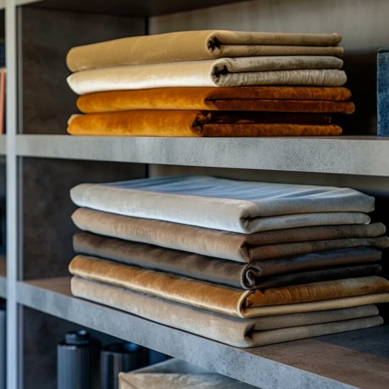 a sophisticated interior showroom showcases a vivid display of luxurious velour and eco-leather upholstery swatches, elegantly arranged against a backdrop of contemporary irish home decor, highlighting the rich textures and colors in professional lighting.