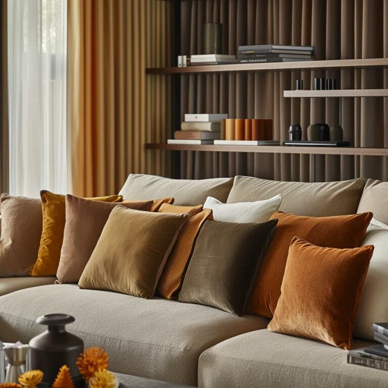 a stylish, modern living room features plush velour and eco-leather upholstered furniture, showcasing expert tips on maintenance with elegantly arranged cleaning supplies and vibrant fabric samples against a backdrop of contemporary decor.