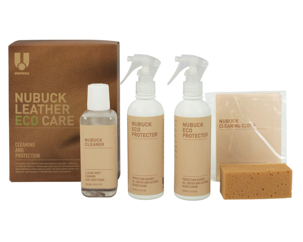 Uniters Nubuck Leather Eco Care kit with cleaner, eco protector sprays, cleaning cloth, and sponge for maintaining eco leather furniture