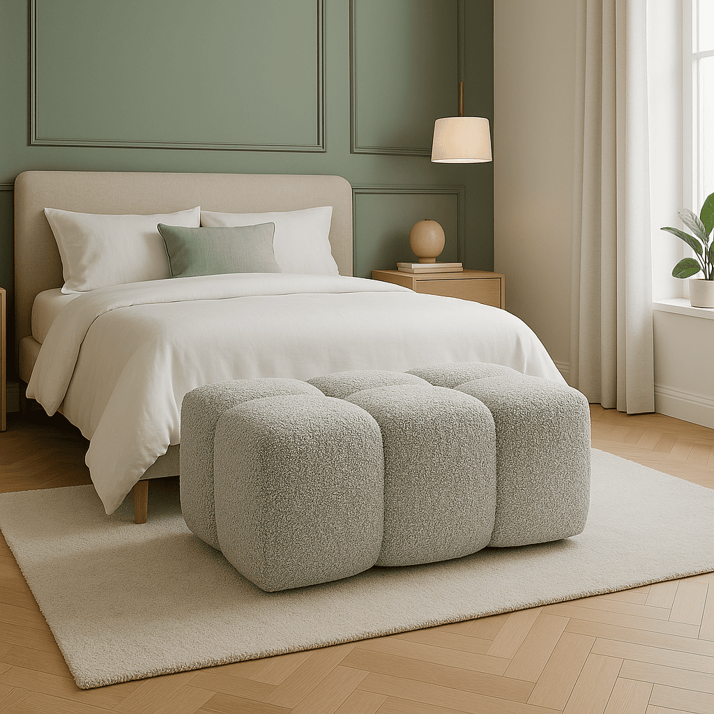 Cozy Irish bedroom with boucle bubble ottoman styling