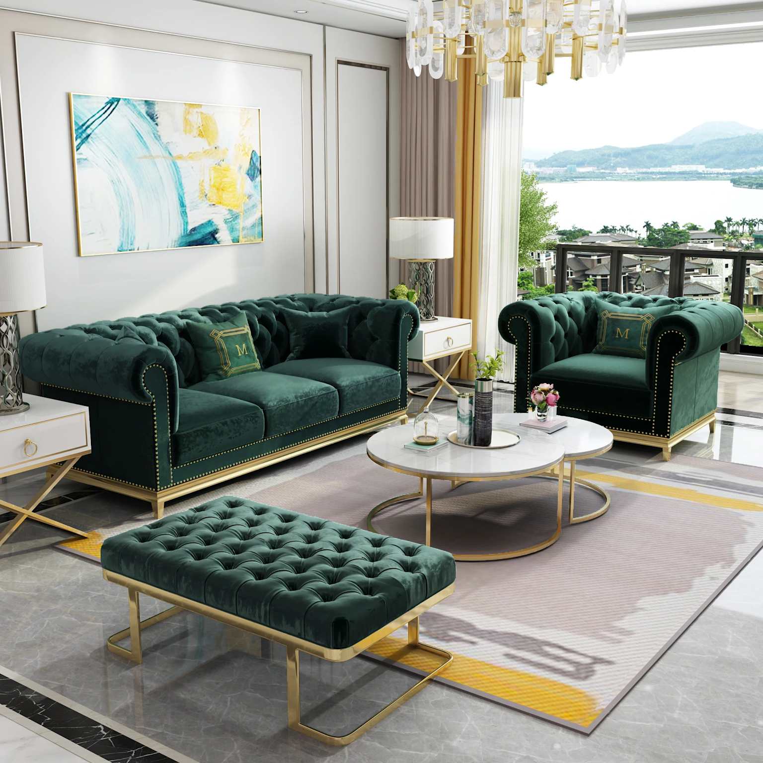 A luxurious living room featuring deep emerald velvet Chesterfield-style sofa, armchair, and an upholstered ottoman with golden metal accents