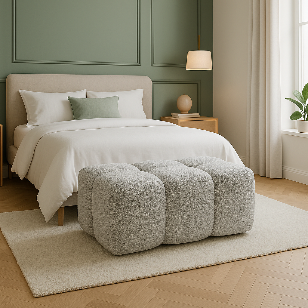 Cozy Irish bedroom with boucle bubble ottoman styling