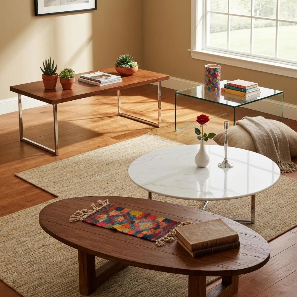 A collection of different coffee table shapes displayed attractively in a living room setting