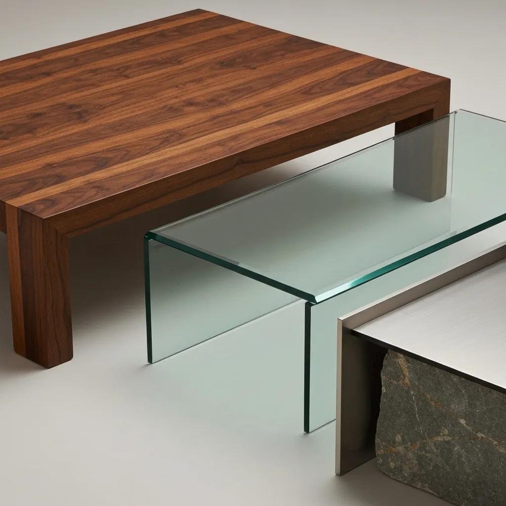 A close-up of various coffee table materials, highlighting their textures and durability