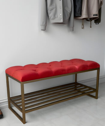Red Velvet Bench with Gold Metal Shoe Rack