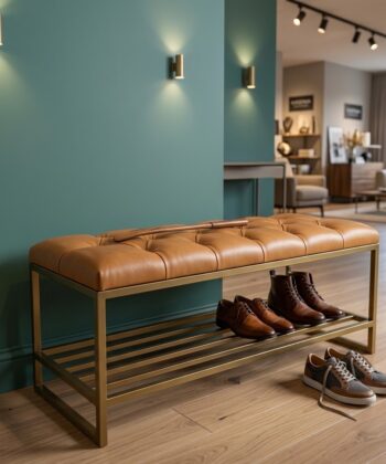 Custom Upholstered Hallway Bench with Metal Shoe Rack (6 Standard Sizes & Bespoke)