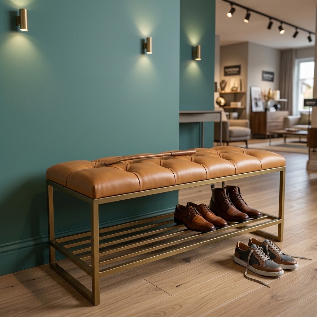 Custom Upholstered Hallway Bench with Metal Shoe Rack (6 Standard Sizes & Bespoke)