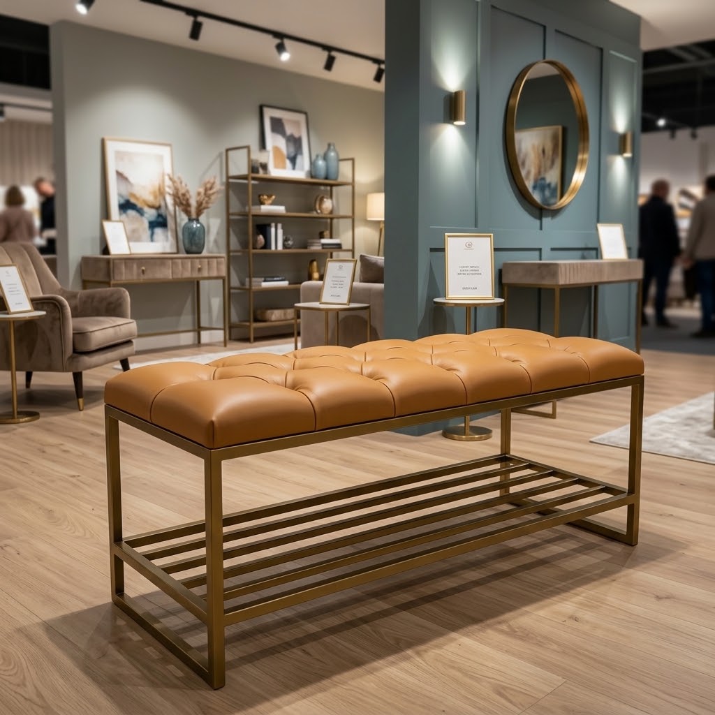 Custom Upholstered Hallway Bench with Metal Shoe Rack (6 Standard Sizes & Bespoke)