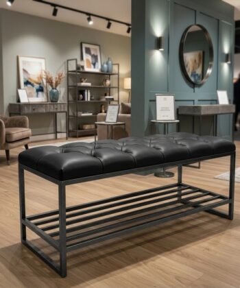 Custom Upholstered Hallway Bench with Metal Shoe Rack (6 Standard Sizes & Bespoke)