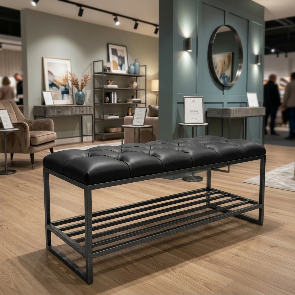 Custom Upholstered Hallway Bench with Metal Shoe Rack (6 Standard Sizes & Bespoke)
