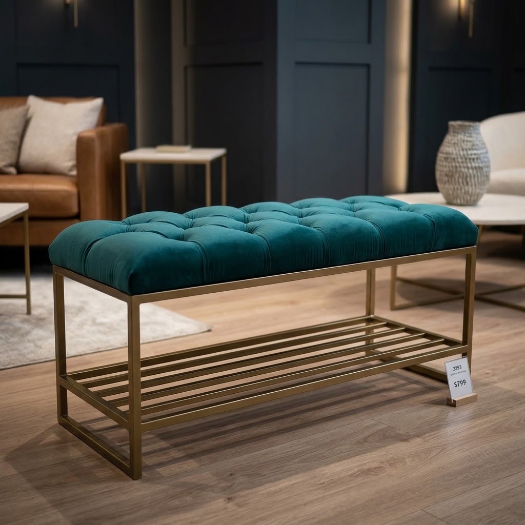 Custom Upholstered Hallway Bench with Metal Shoe Rack (6 Standard Sizes & Bespoke)