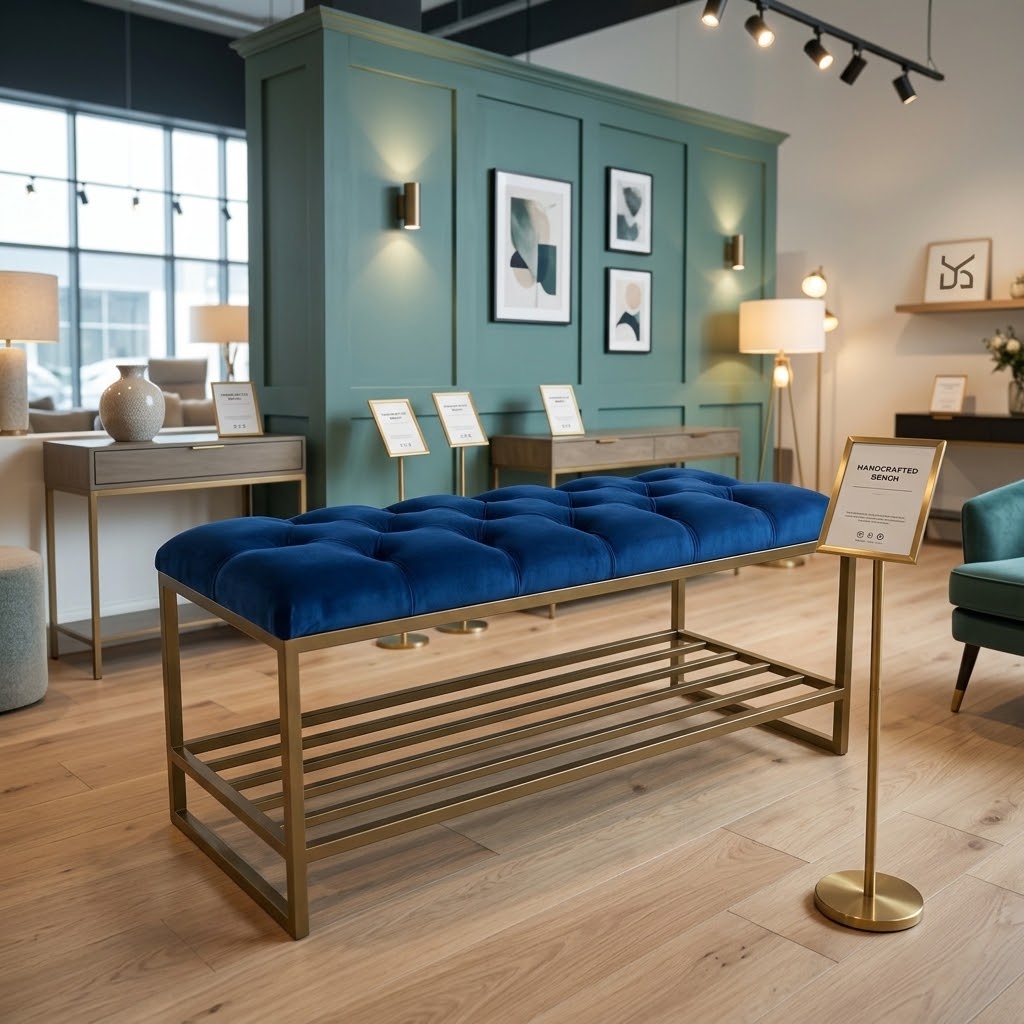 Custom Upholstered Hallway Bench with Metal Shoe Rack (6 Standard Sizes & Bespoke)